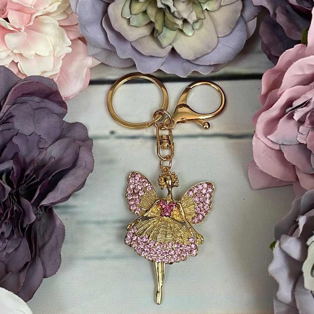 Whimsical Light Pink Crystal Angel Fairy Keychain Charm